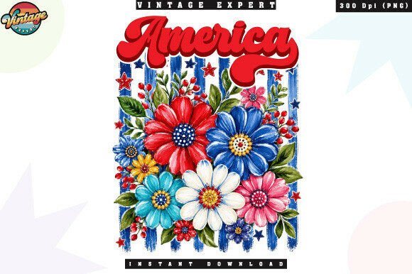 America Patriotic Floral Retro PNG: A Vintage Design Asset for Independence Day and Beyond