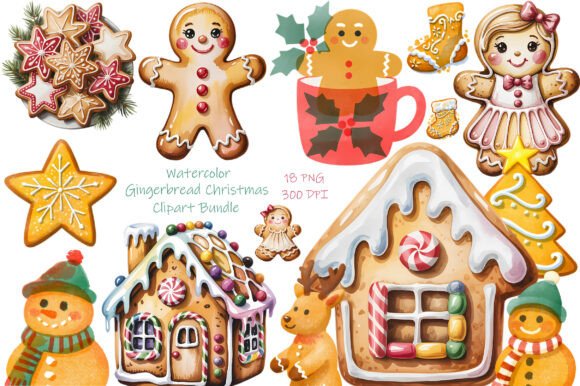 Watercolor Gingerbread Christmas Clipart: Festive Design Assets