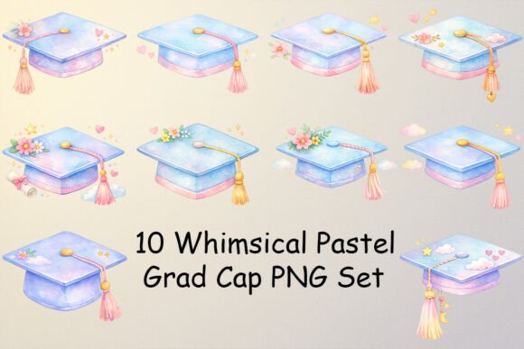 Whimsical Pastel Grad Cap PNG Set: A Sweet Take on Graduation Design